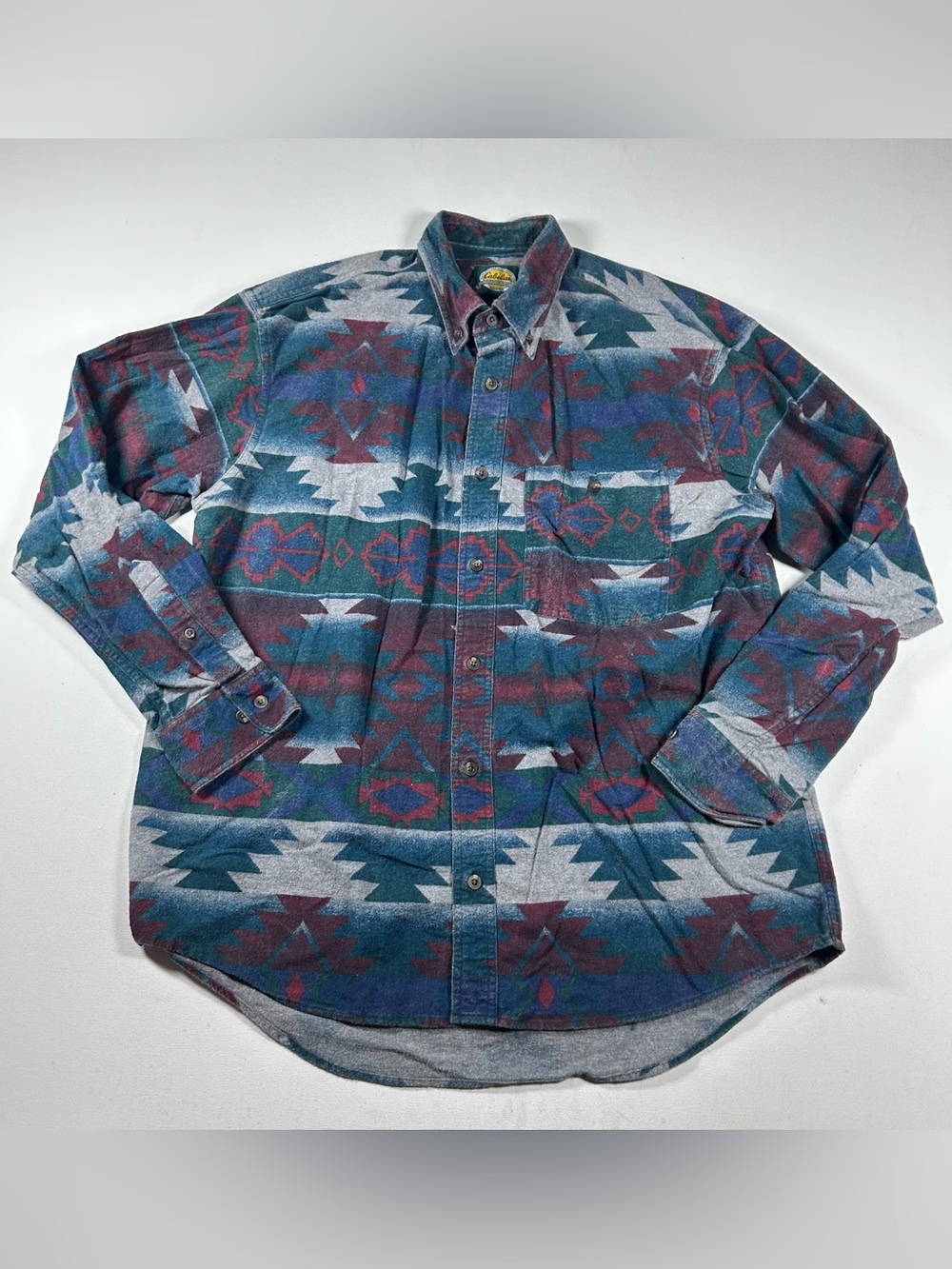 Vintage Cabelas Shirt Men L Chamois Cloth Aztec Southwestern button Up Faded